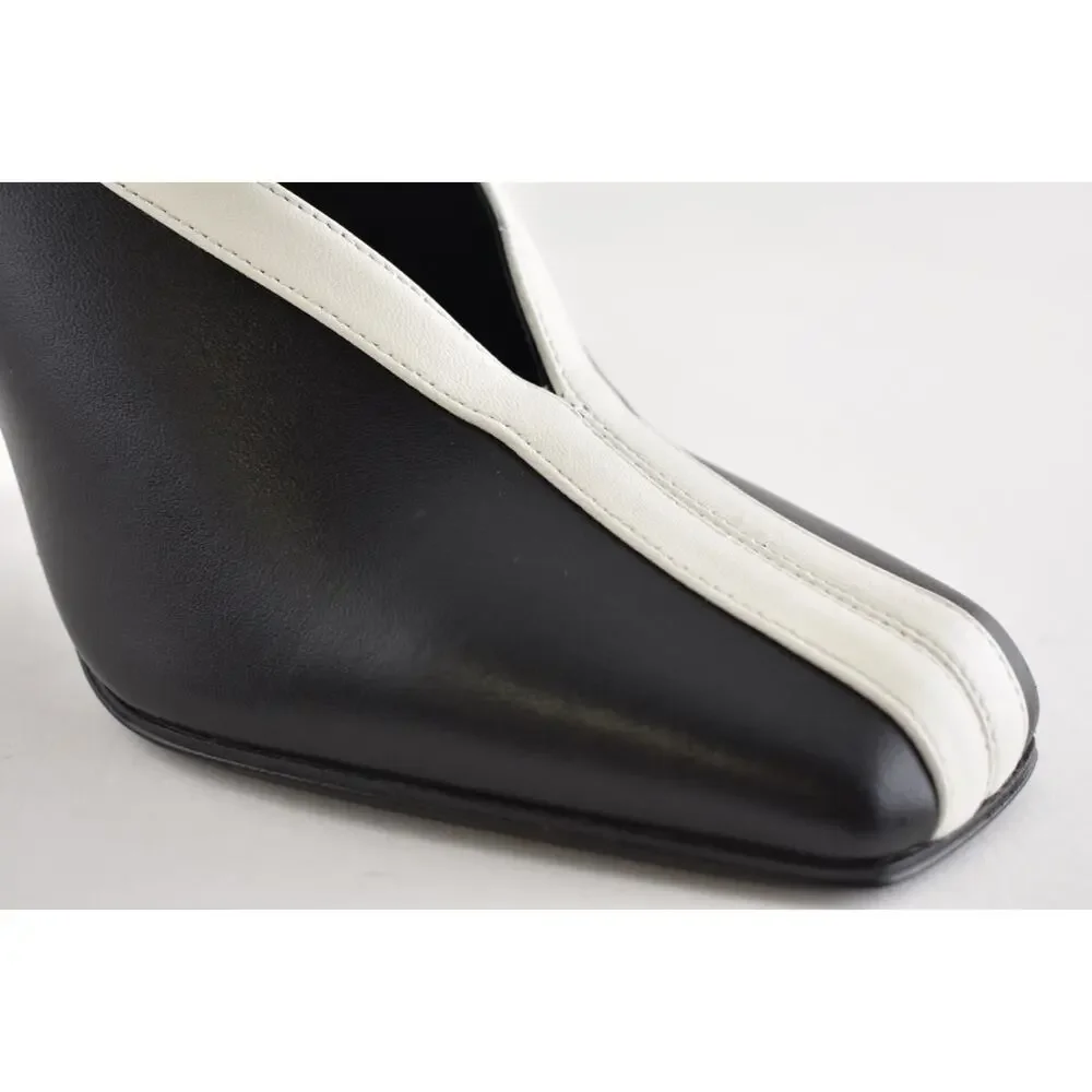 Chanel 26S Blazy Black Ivory White Lambskin Leather CC Gold Square Heel Pump 38